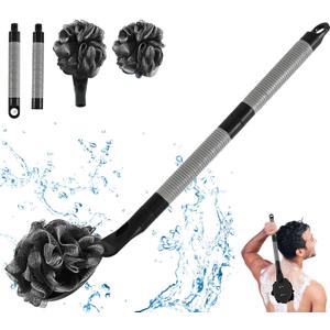 Loofah with Handle, 21.7 Detachable Loofah Back Scrubber, Back Loofah, Exfoliation and Improved Skin Health, Shower Loofah for Shower for Men WomenBlack