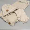 Oatmeal Winter Beanie Hat Scarf Gloves, Warm Fleece Knit Hat Long Scarf Neck Warmer Touch Screen Winter Gloves Set