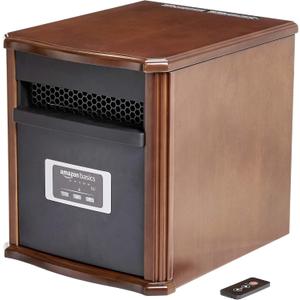 Amazon Basics Portable Space Heater with Remote Control, Adjustable Thermostat, Indoor Use, Energy-Saving Setting, LED Display, Classic Wood Casing, 1500W, 12"D x 13"W x 16"H, Brown