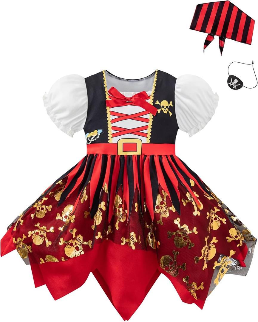 Toddler Baby Girl Pirate Outfits With Eye Mask And Head Scarf (Black,2T)