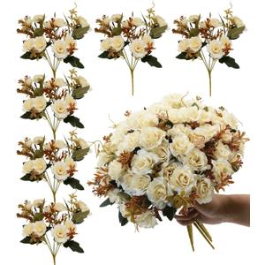 Rose Artificial Flowers Bouquet, 6 Packs Small Roses Flower, 10 Silk Rose Flowers Per Pack, Mini Fake Rose Flower Bunches, Miniature Roses for Decoration Home Wedding Table Centerpieces Decor, White (Autumn Collection in White)