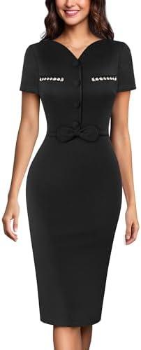 VFSHOW Womens Wear to Work Office V Neck Buttons Bowknot Fitted Business Bodycon Dress,L