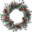 20 Inches Christmas Wreath Winter Wreaths Holiday Christmas Wreaths for Front Door Christmas Berry Wreath with Pine Needles Pine Cones Red Berries for Window Indoor Outdoor Winter Decorations