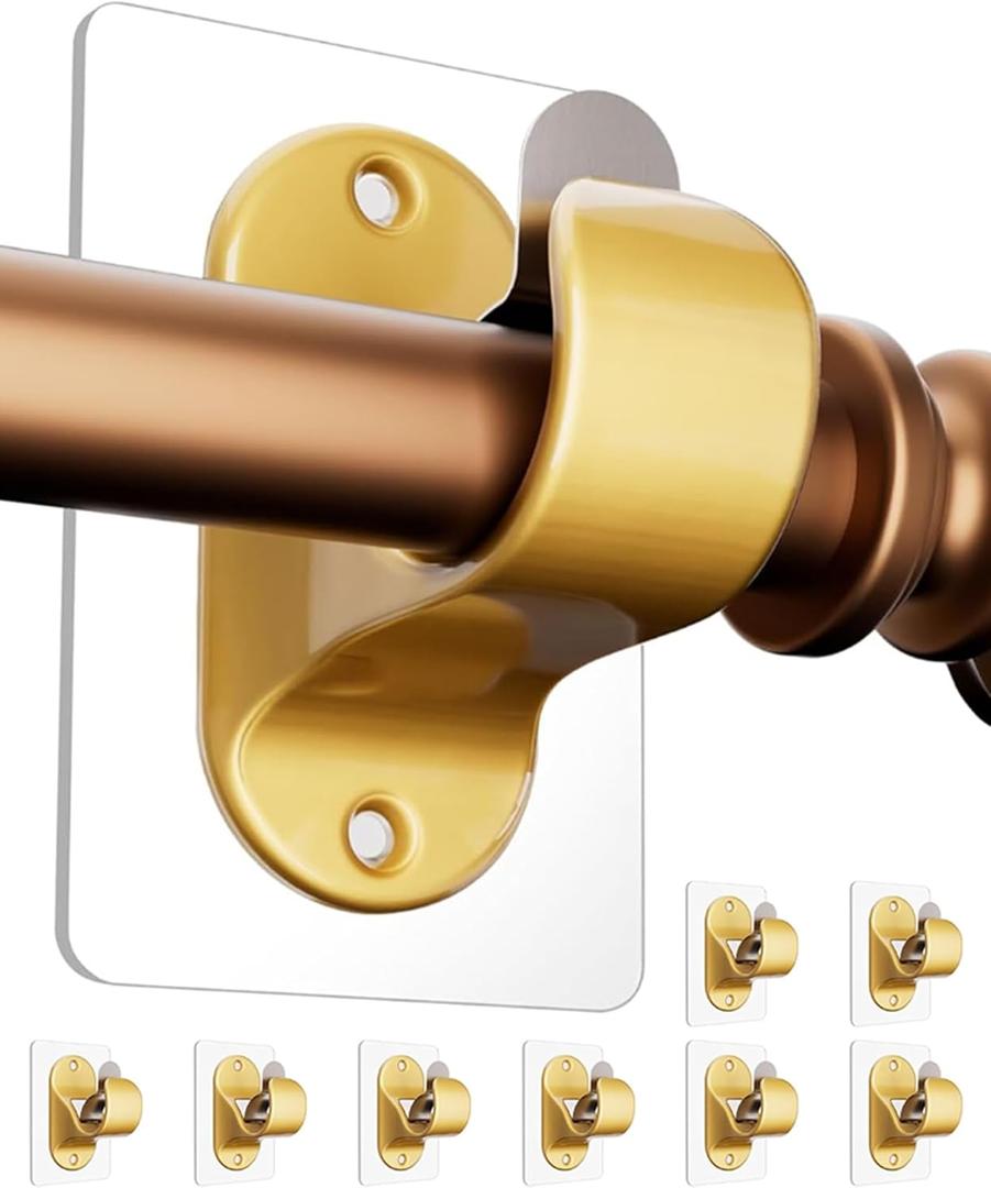 No Drilling Curtain Rod Brackets, 8-Pack Gold Self Adhesive Curtain Holders, Adjustable Stick on Wall Curtain Rod Hooks Fit for 0.5'' to 1.3'' Dia Curtain Rods, Hold Weight Up to 20lbs