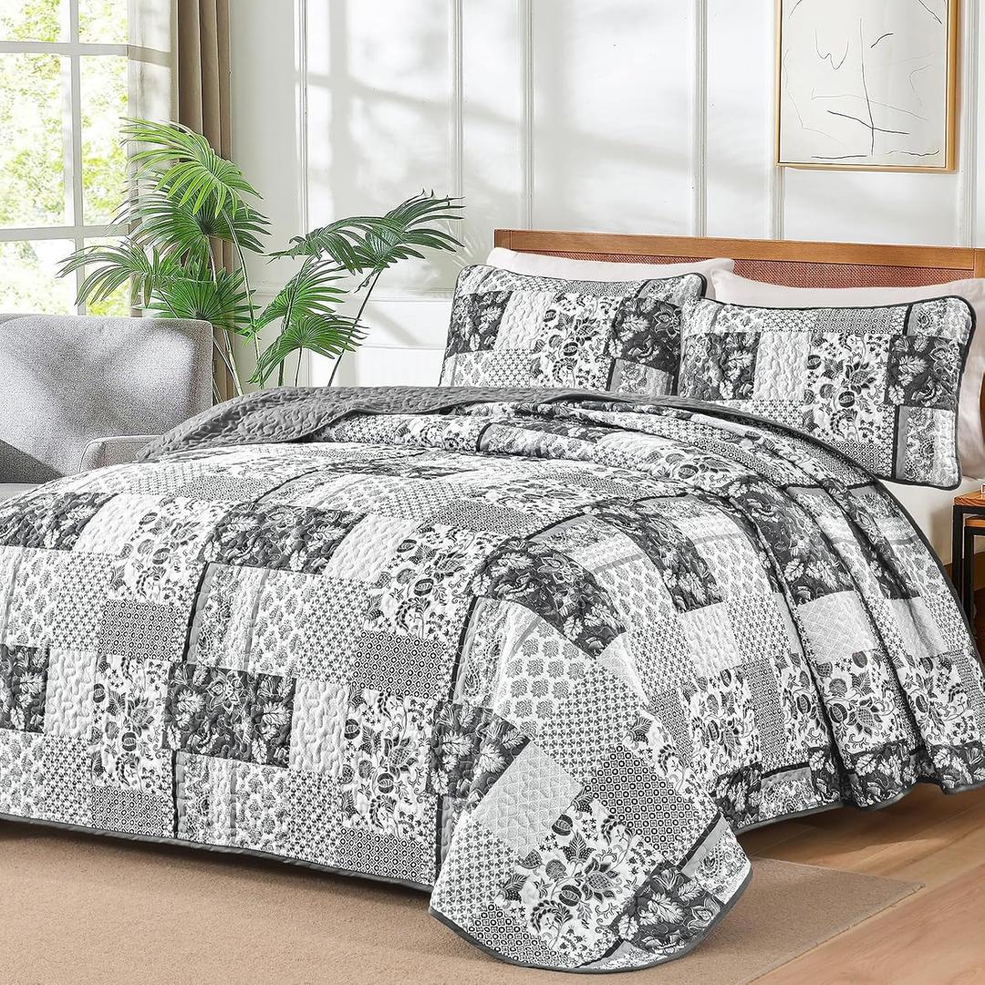WONGS BEDDING Quilt Set Queen Size Grey, 3 Pieces Patchwork Plaid Bedspread Coverlet Set, Floral Soft Microfiber Bedding Set for All Season(96"90")