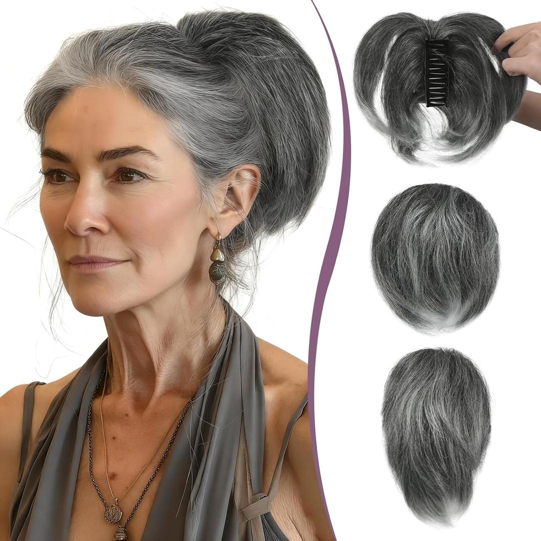 RUWISS Claw Clip Short Human Hair Ponytail Extension with Bendable Metals for DIY Styles Straight Messy Bun Hair Piece for Women Hairpieces for Daily Wear, 9 Inch Grey Salt and Pepper