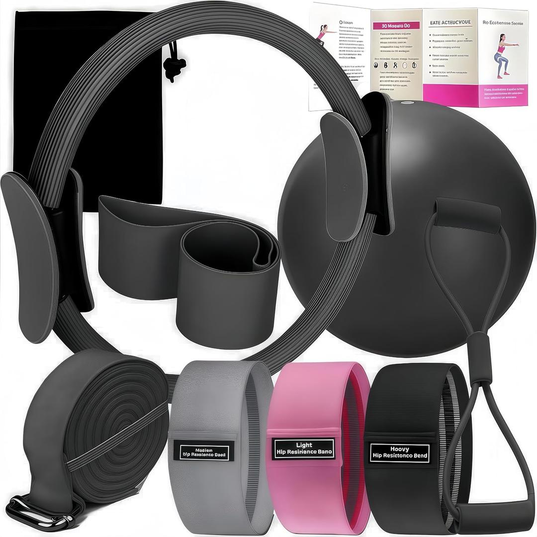Pilates Set  Home Pilates Equipment for Women Kit with Magic Circle Pilates Ring and Ball Set, Resistance Bands & Massage Balls & Exercise Bands for ToningFlexibility & Core Strength (Black)