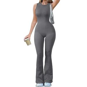 OQQ Women Yoga Jumpsuits Ribbed Crew Neck Sleeveless Bell Bottoms Flare Jumpsuits Darkgrey, Medium