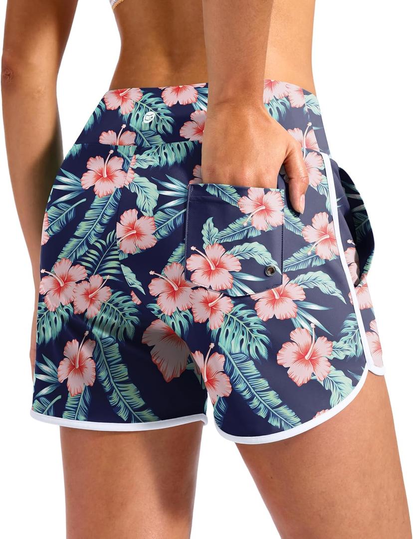 G Gradual 3" Women's Swim Shorts 3 Pockets High Waisted Board Shorts Tummy Control Swimsuit Bottoms with Liner Beach Water (Medium, Navy Flower)
