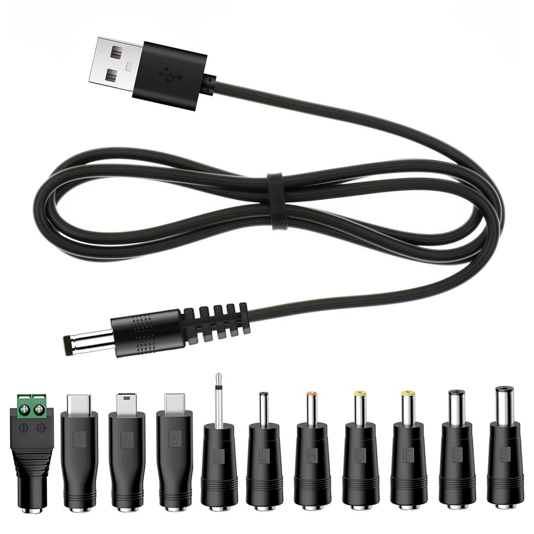 YiKaiEn 5V USB to DC Charging Cable, Universal Power Cord for Toys, Watches, Fan, Speaker, Headset, Monitor, Table Lamp, Phones, LED Light Strip Router, DC 5.5 x 2.1mm with 9 Connector 3.3FT