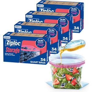 Ziploc Quart Food Storage Bags, Stand-Up Bottom, Easy to Fill, 136 Count (Packaging May Vary)