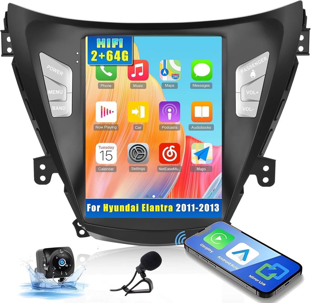 Roinvou [2G+64G] Android Radio for Hyundai Elantra 2011 2012 2013 with Wireless Carplay/Android Auto, 9.7 Inch IPS Touch Screen Car Stereo, Bluetooth, GPS, WiFi, SWC, HiFi + AHD Backup Camera