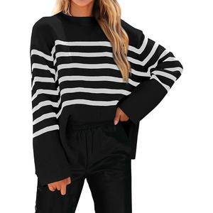 KIRUNDO Women's Striped Knit Oversized Fall Sweaters 2025 Trendy Clothes Crewneck Winter Pullover Sweater Side Split Size S