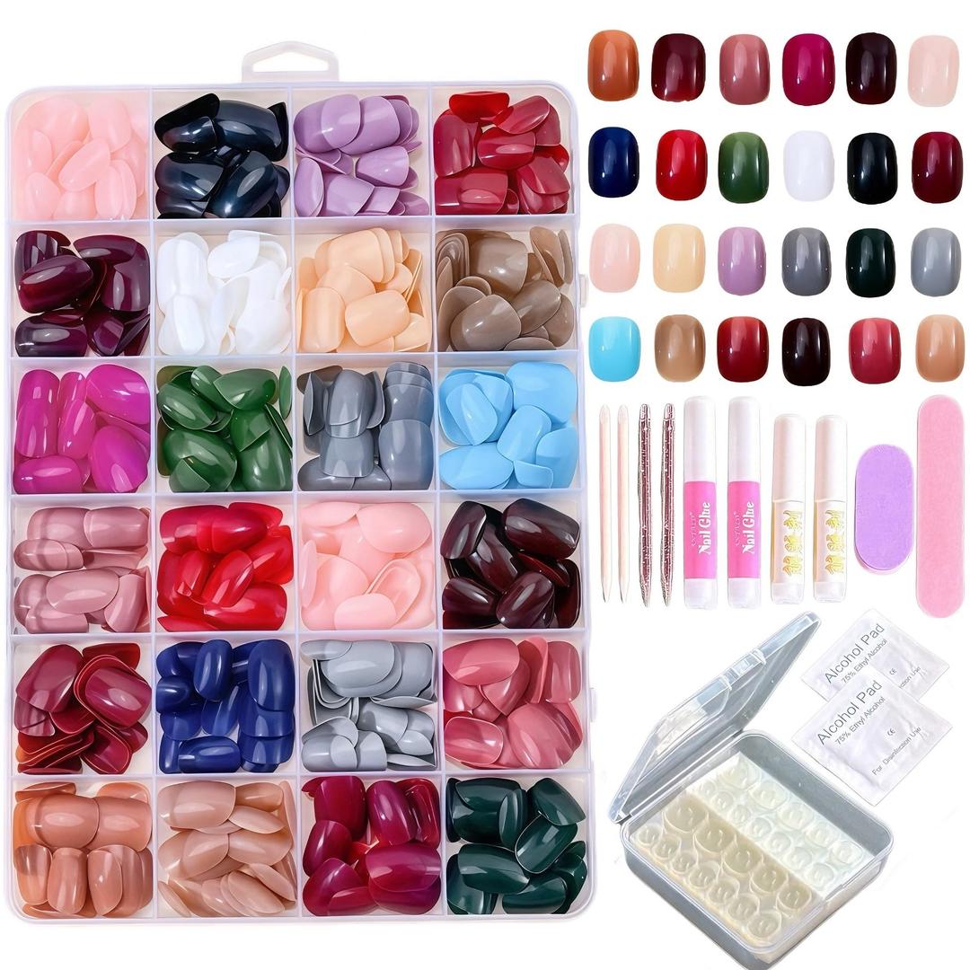 Reusable Gel Press on Nails Kit, 24 Colors 576PCS Press on Nails Short Square, Glossy Short Fake Nails With Glue DIY Gift