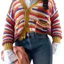 RoseSeek Women's Striped Color Block Sweaters Button Down Long Sleeve Cardigans Crop Tops Yellow Large