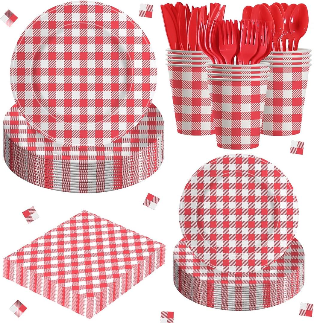 Gingham Party Supplies Set, 140 Pieces for 20 Guests, Red and White, Plates, Cups, Napkins, Cutlery (Red)