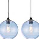 Blue Seeded Glass Pendant Lights Kitchen Island,Modern 7.8" Globe Hand-Blown Bubble Glass Pendant Light,Black Hardwired Hanging Ceiling Light Fixture for Dining Room,Bedroom,Sink,2-Pack