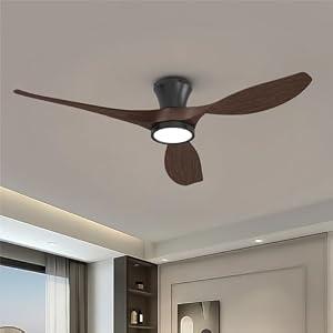 TALOYA 52 Inch Ceiling Fans with Led Lights Remote Control Flush Mount Low Profile for Bedroom Farmhouse Patio Outdoor Living Room Kitchen Dining Room, DC Motor, Reversible, Buzzer ON/ Off, Black Walnut