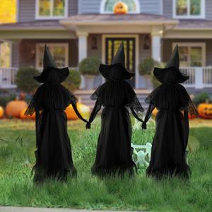Halloween Decorations Outdoor - 3 Witches Holding Hands, Lighted Halloween Witches Garden Stake, Sound-Activated Sensor, Halloween Witches Decorations for Home Outside Yard Lawn Garden