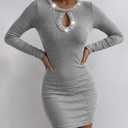 Women's Long Sleeve Mini Dress Rhinestone Rib Knit Bodycon Keyhole Neck Ruched Slim Fit Short Party Dress (Gray, M)
