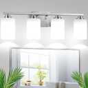 4-Light Bathroom Light Fixtures, 27" Modern Vanity Lights Over Mirror with Milky White Glass Shade, Brushed Nickel Wall Sconce, Classic Wall Light Fixture for Mirror Living Room Cabinet Bedroom Porch