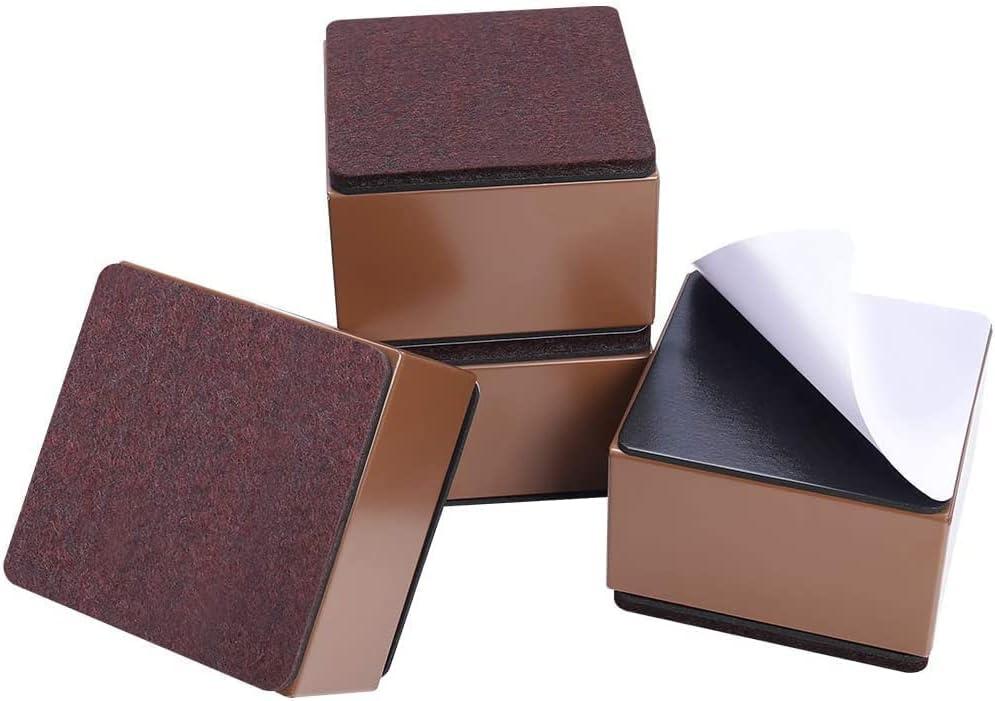 Ezprotekt 2 Inch Bed and Furniture Risers, Square Heavy Duty Solid Steel Self-Adhesive Sofa Table Couch Dresser Risers, Supports 20,000 lbs,Protect Wood and Carpet Floors from Scratch(Brown, 4 Pack) (2" x 3.15")