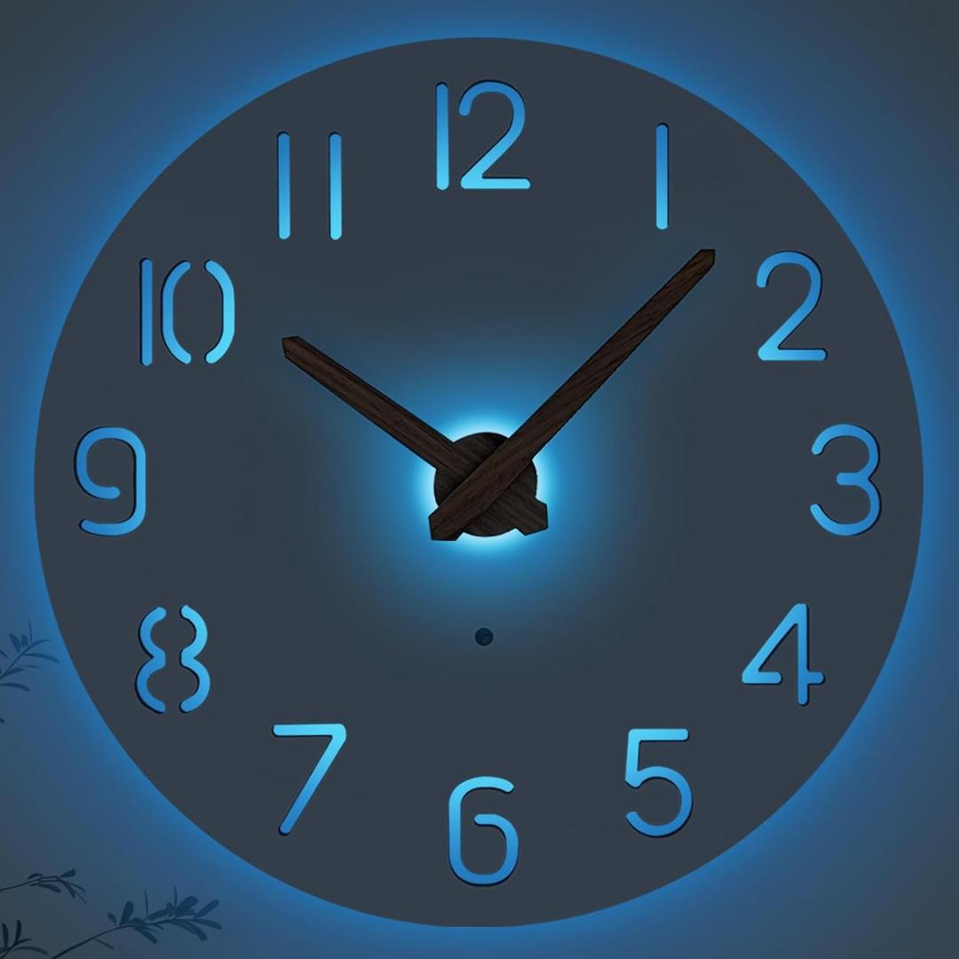 JoFomp LED Wooden Wall Clocks Battery Operated, 10 Inch Silent Wall Clock Glow in Dark, Sound Control Night Light Wall Clocks for Living Room Decor, Light Up Wall Clock for Bedroom, Hollow Design