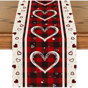 Artoid Mode Buffalo Plaid Love Hearts Valentine's Day Table Runner, Seasonal Kitchen Dining Table Decoration for Indoor Home Party 13x36 Inch (Red)