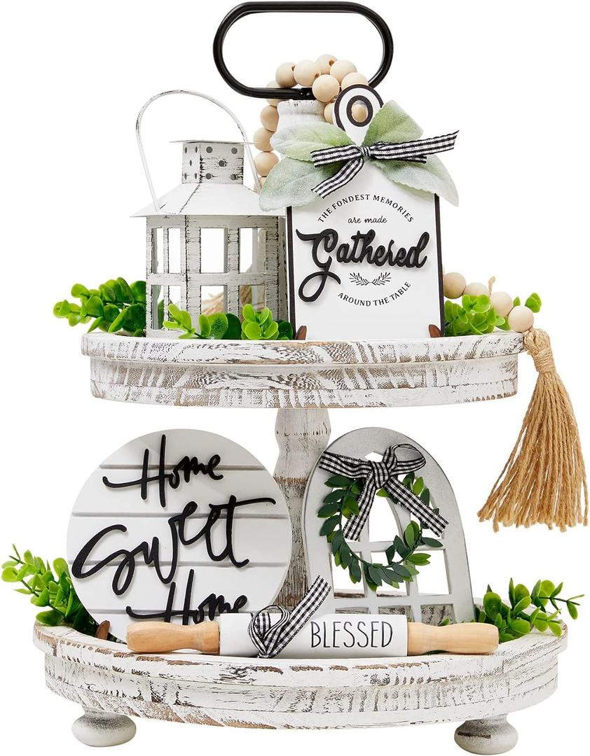 Houmury Set of 16 Farmhouse Tiered Tray Decor with 1 Lantern Artificial Plant& Cutting Board Sign for Rustic Home Kitchen Decor Tier Tray Decor Set (Tiered Tray Not Included)