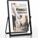 Floating Frame Floating Picture Frames, 4x6 Double Real Glass Metal Photo Frame with Pull-Out Easel Stand for Wall Vertical Tabletop Display, Home, Office, Photo Gallery, Wall Art, Wedding Decoration (Matte Black)
