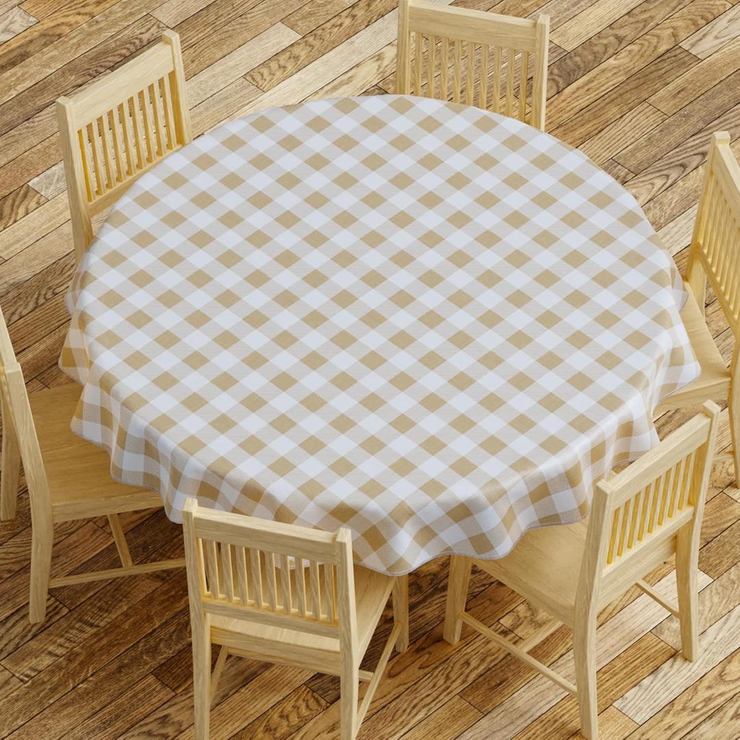 Sorfey Tablecloth - Vinyl with Flannel Back, 70" Round, Water Proof, Easy to Clean, Checked Beige Design