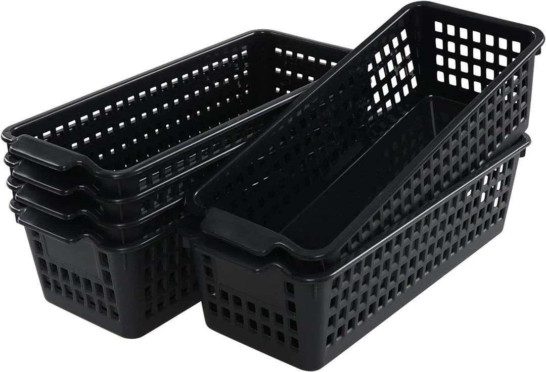 Plastic Slim Storag Basket, 6 Packs Small Organizer Basket Bins, Black