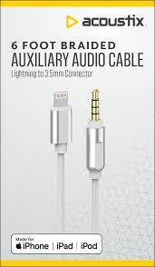 Acoustix Foot Braided Auxiliary Audio Cable Lightning To 3.5 mm Connector, 6 ft, White