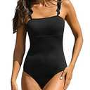 Hilinker Women's Ruffle Shoulder One Piece Bathing Suit Belted Leopard Color Block Swimsuit Small