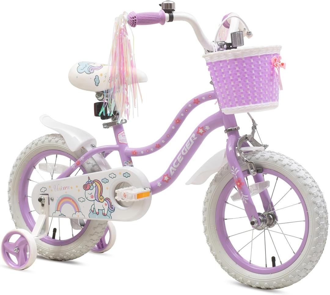 Bixike Princess Style Girls Bike with Basket for 2-13 Years Old Kids and Toddlers, 12 14 16 18 Inch Bicycle for Children with Training Wheels and Streamers, 20 Inch with Kickstand, Multiple Colors (Purple)