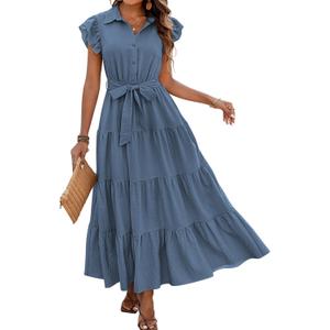 dowerme Women's Summer Casual Dresses 2026 Cap Ruffle Sleeve V Neck Button Belted Tiered Boho Maxi Dress with Pockets XL
