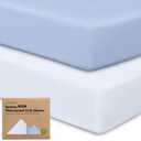 2-Pack Waterproof Crib Sheets for Boys, Girls - 52x28 Fitted Organic Cotton Baby Crib Sheets, Toddler Mattress Protector Cover, Washable, Soft & Durable Baby Bedding Essentials (Blue Flax)