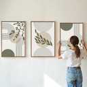 Yeehomedec Boho Sage Green Framed Canvas Wall Art, Mid Century Modern Wall Decor, Large Minimalist Botanical Art Print, Abstract Geometric Line Leaf Art Painting for Bathroom Living Room Bedroom Office 16"x24"x3