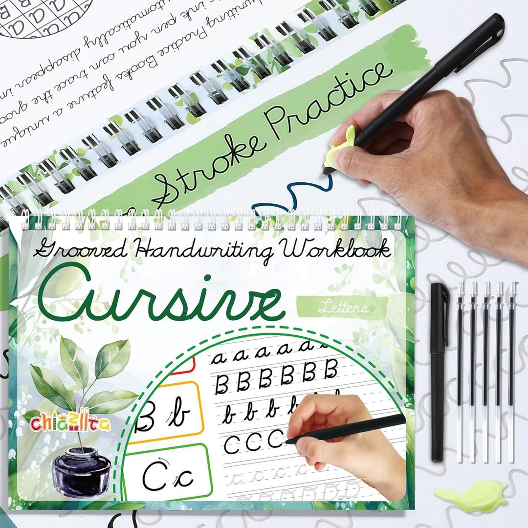 chiazllta Grooved Cursive Handwriting Workbook with Disappearing Ink Pens Magic Reusable Grooved Cursive Writing Practice for Beginners Kids Kickoff Student Workbook Homeschooling Supplies (Letters)