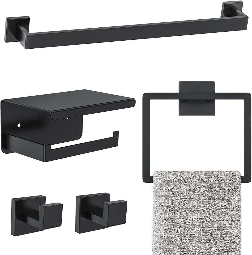 Matte Black Bathroom Hardware Accessories Set 5-Pieces Black Towel Bar Set Stainless Steel Towel Holder Set 16 Inch Towel Bar, Towel Racks Set for Bathroom Wall Mounted