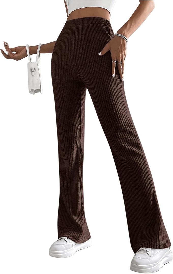 MakeMeChic Women's Rib Knitted Bell Bottoms Elastic Waist Bootcut Trousers Flared Leg Pants (Large, Chocolate Brown)
