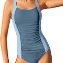 BAVEDER Girls Swimsuit One Piece Swimsuits Solid Ruched Bathing Suit for Girls Full Coverage Modest Padded Swimwear 9-16y (15-16 Years, Blue)