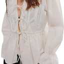 Women Long Puff Sleeve Front Tie Up Lace Trim Blouse Crop Tops Y2k Button Down Ruffle Hem Peplum Shirts Going Out, Size 3XL, Tie White