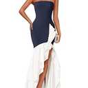 ZESICA Women's 2025 Summer Strapless Bodycon Maxi Dress Ribbed Sexy High Split Mermaid Prom Party Dresses, Navy, Medium