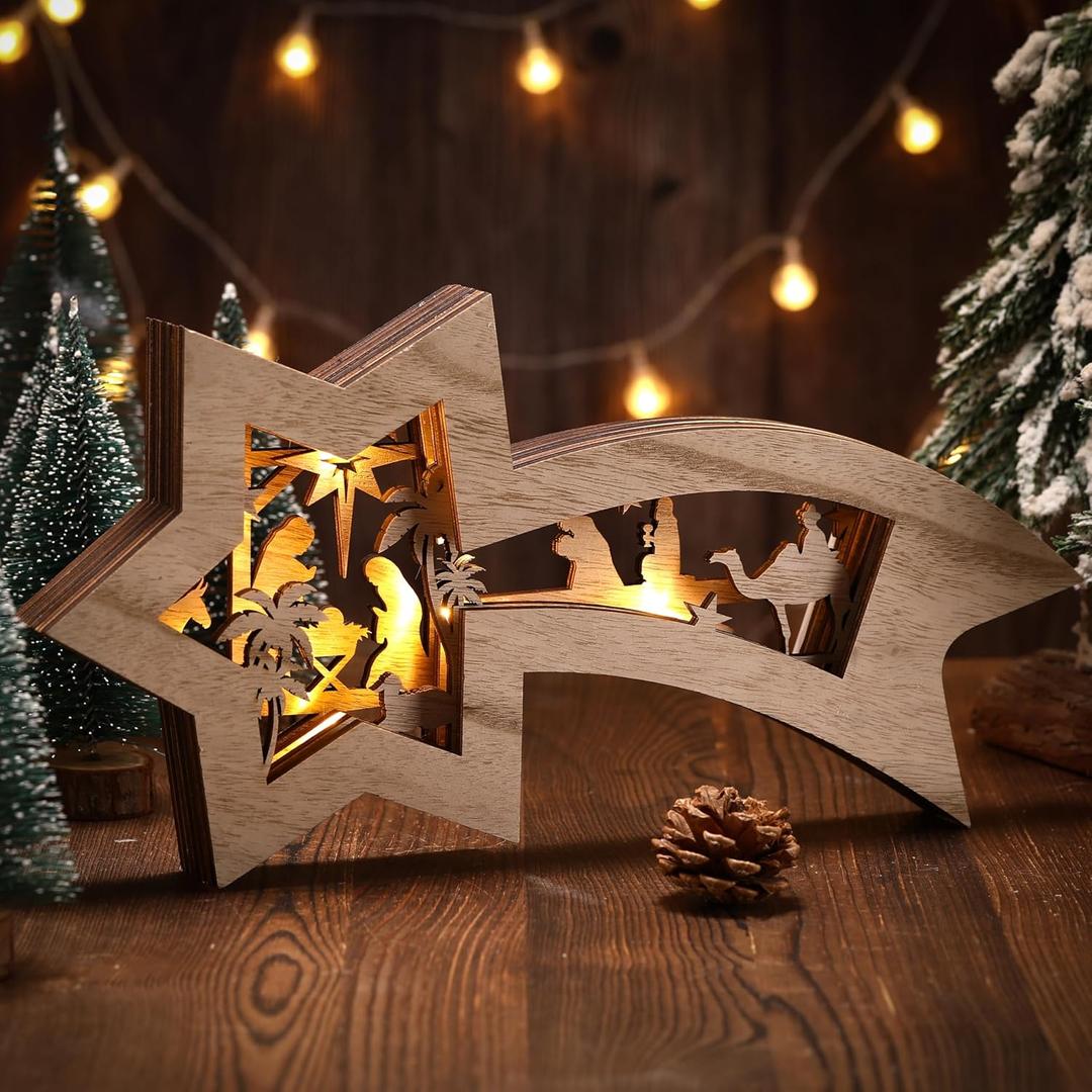Wooden Nativity Scene Set Christmas Nativity Scene Tabletop Set Christmas Ornament Christian Religious Rustic Decorations with LED Light for Shelves Tables Decorations Indoor Decor(Classic)