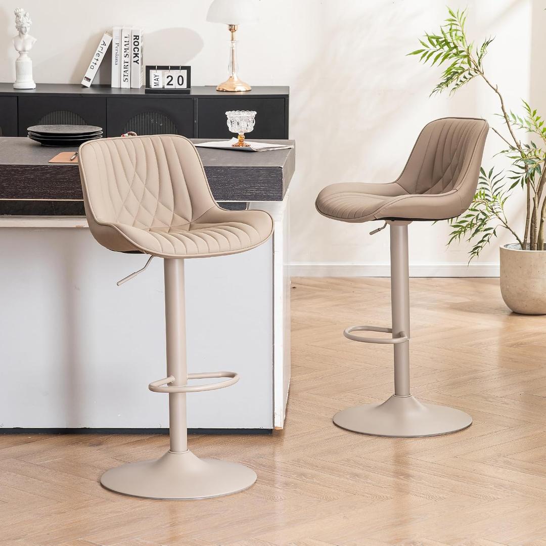 YOUTASTE Bar Stools Set of 2, Adjustable Swivel Counter Height Barstools with Back, All Khaki Faux Leather Upholstered Bar Chairs with Metal Base, Stools for Kitchen Island or Home Bar, 16.9"x 19.2"x 41.7"