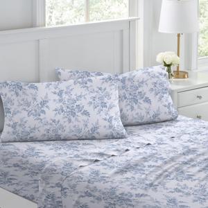 Laura Ashley - Flannel Sheets King Size, Anti-Pilling & Wrinkle Resistant Cotton, Touchably Soft for All-Season Comfort - Bed Sheets with Matching Pillowcases & Fitted Sheet (Vanessa Blue)