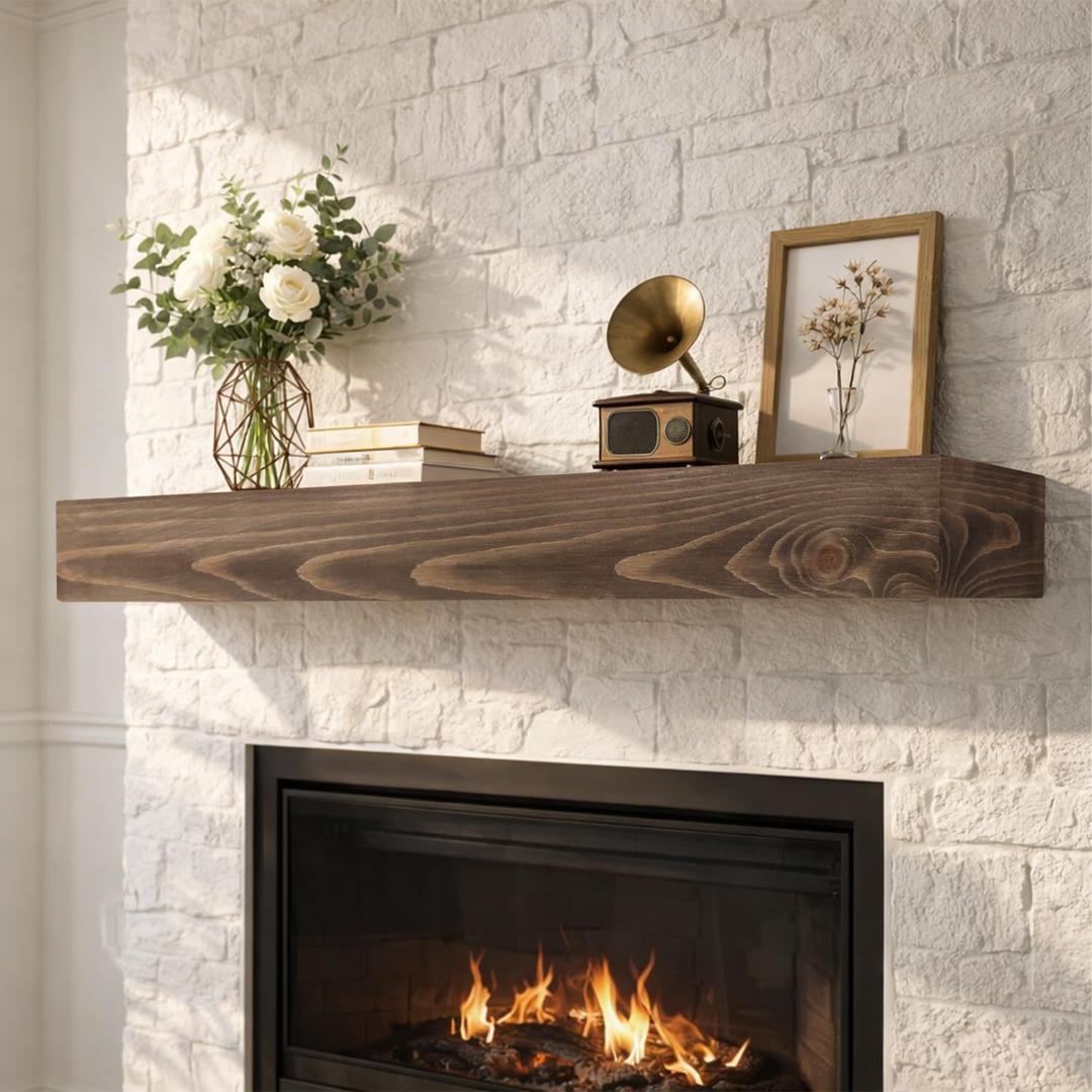 Fireplace Mantel,48 inch Rustic Wood Floating Mantel Shelves for Electric Fireplaces,Solid Wood Farmhouse Mantle for Over Fireplace(Dark Walnut,48x8x6)