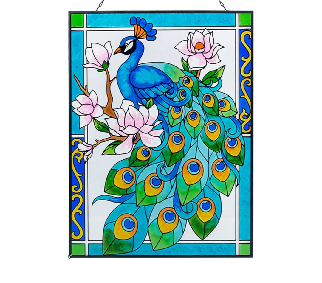 Peacock Stained Glass Window Hanging, 11" W X 15" H Stained Glass Panel with Chain, Suncatchers for Windows Hanging Decorations, Gifts for Mom, Grandma, Wife, Sister