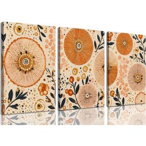 3Pcs Framed Boho Floral Wall Art Orange and Beige Abstract Botanical Wall Decor Pictures Modern Sunburst Flower Canvas Posters for Living Room Bedroom Office Home Decoration 16x24in